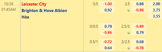 Tỷ lệ kèo giữa Leicester vs Brighton